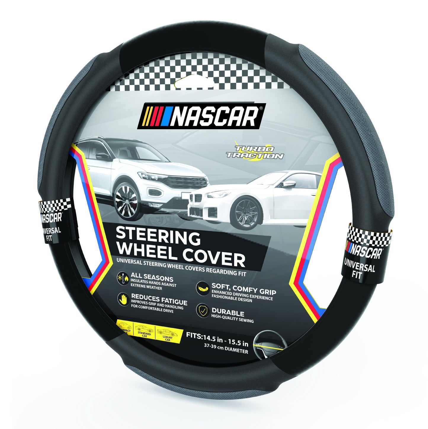 NASCAR Steering Wheel Cover | Grip & Comfort | Synthetic Leather & Suede | Universal Fit 14.5"-15.5" For Car, SUV, Truck | Turbo Traction Style