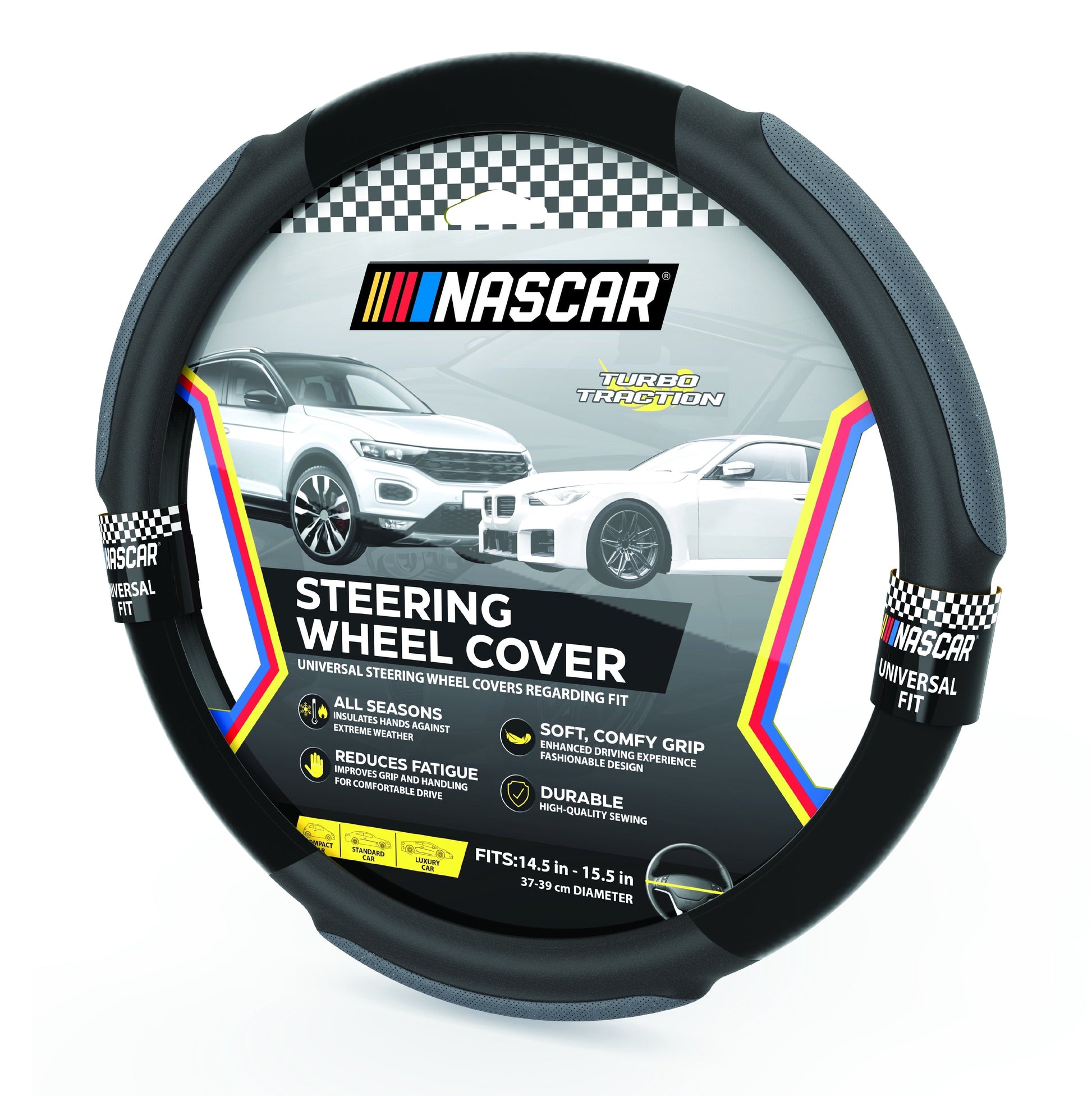 NASCAR Steering Wheel Cover | Grip & Comfort | Synthetic Leather & Suede | Universal Fit 14.5"-15.5" For Car, SUV, Truck | Turbo Traction Style