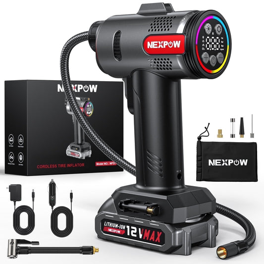 NEXPOW Tire Inflator Portable Air Compressor, 160PSI Cordless Car Tire Pump, Rechargeable Battery Powered Air Compressor 12V DC Adapter, Digital Pressure Gauge