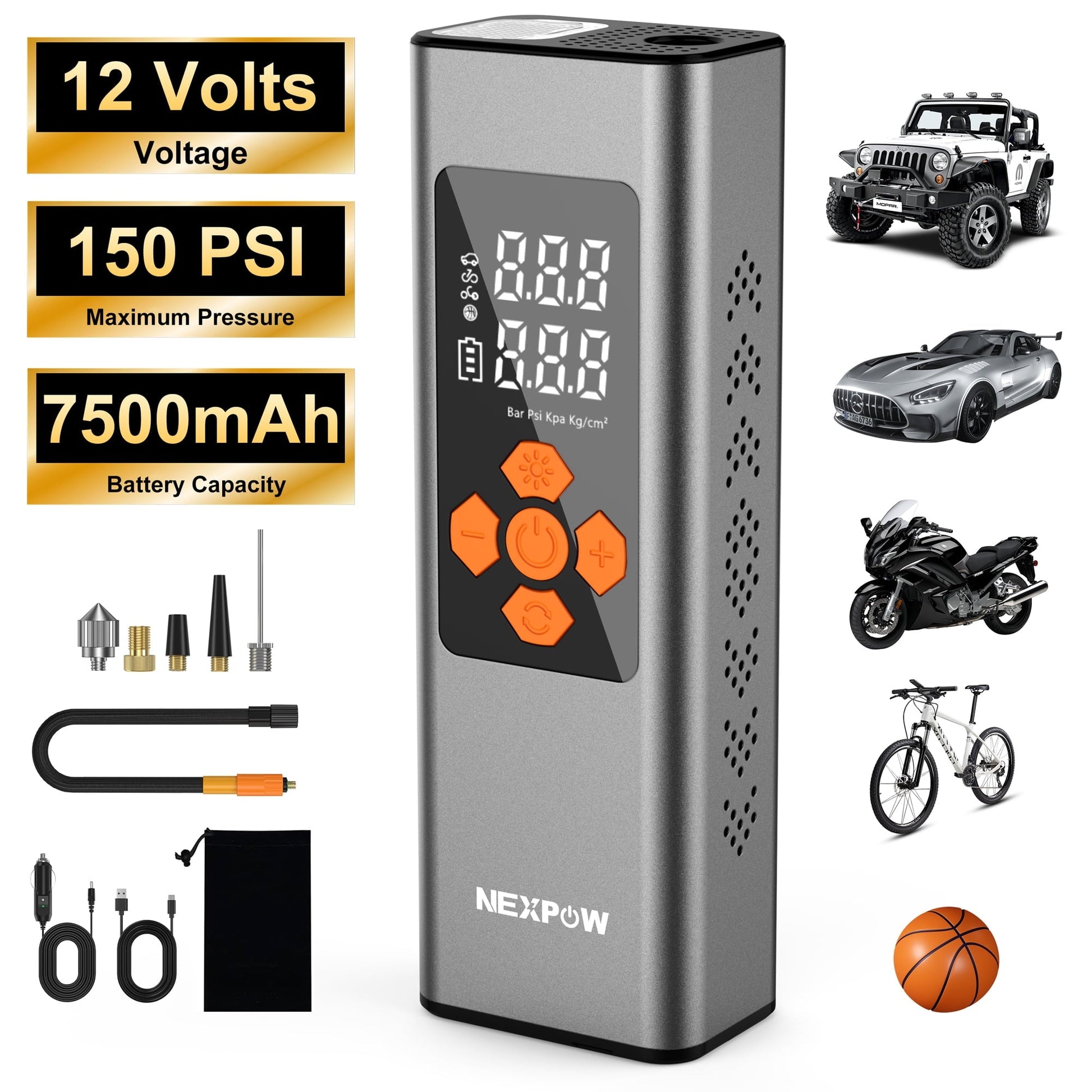 NEXPOW Tire Inflator Portable Air Compressor, 150 PSI Air Pump for Car Tires with Pressure Gauge, LED Light and Auto Shut-Off, Cordless Pump with Dual Power Supply for Cars, Bikes, Balls