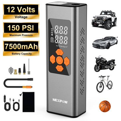 NEXPOW Tire Inflator Portable Air Compressor, 150 PSI Air Pump for Car Tires with Pressure Gauge, LED Light and Auto Shut-Off, Cordless Pump with Dual Power Supply for Cars, Bikes, Balls