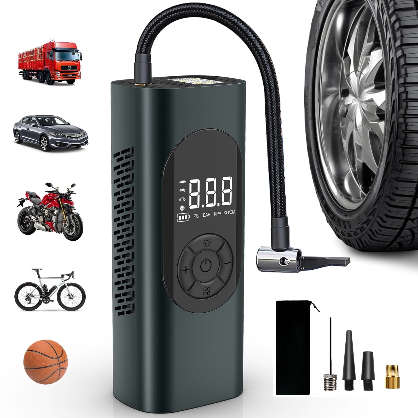 Nonstop Tire Inflator Portable Air Compressor 150 PSI Air Pump for Car, Bike, Motorcycle Tires and Balls. 4 Modes & Digital Display - 6000 mAh Battery, 12V