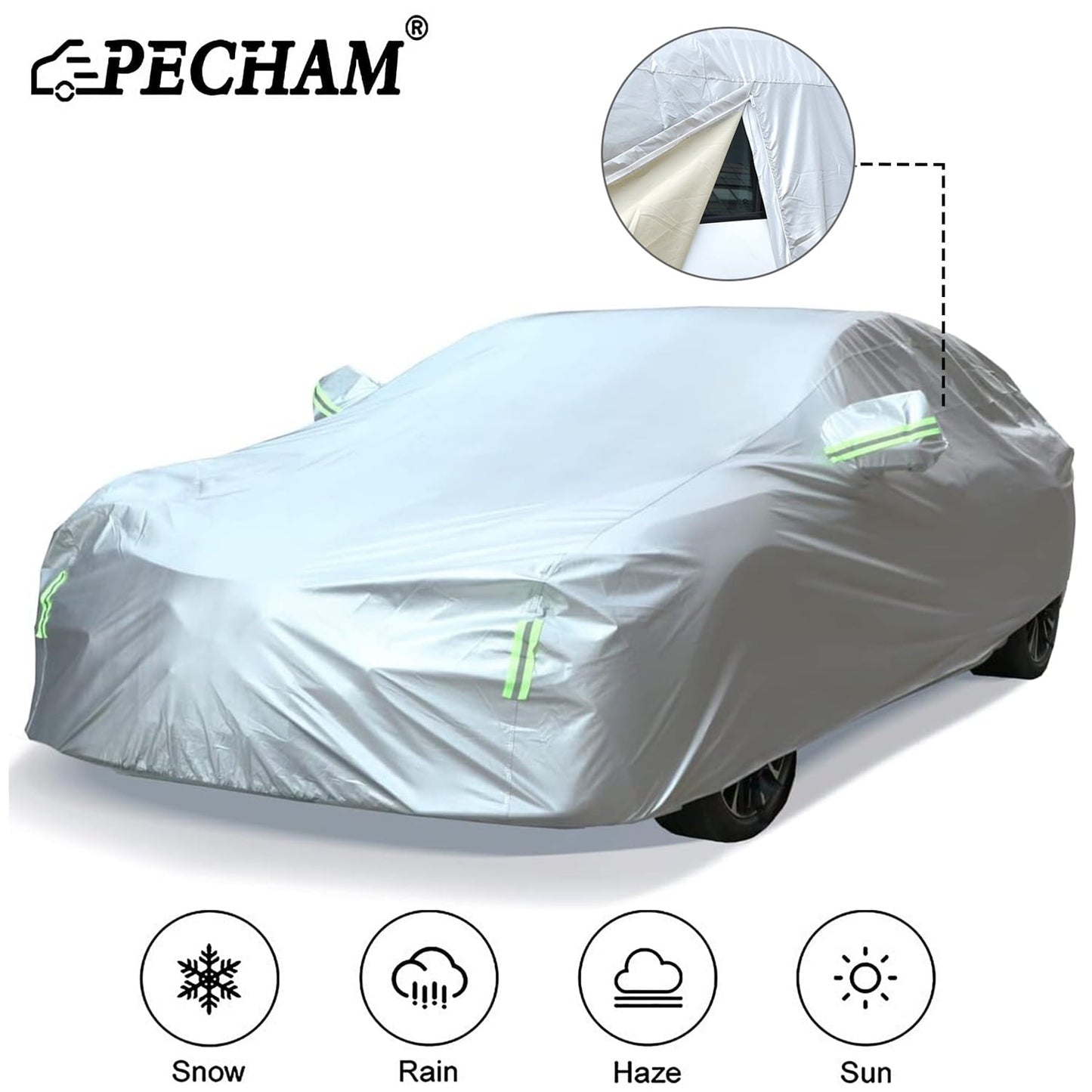 Pecham Car Cover Waterproof with Side Door Zipper All Weather Upgraded UV Protective Vehicle Cover-192"x71"x59" Sedan Cover