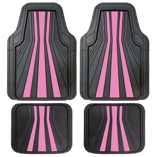 Rally 4-Piece Black with Pink Stripes Rubber Floor Mat Set