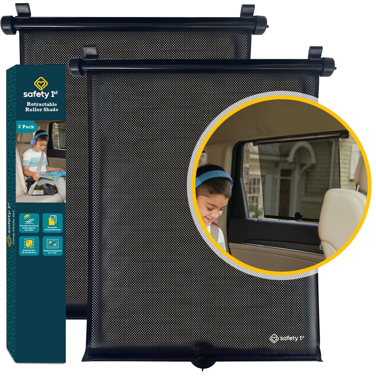 Safety 1st Retractable Roller Shade Sun Protection for Car Windows, 2-Pack