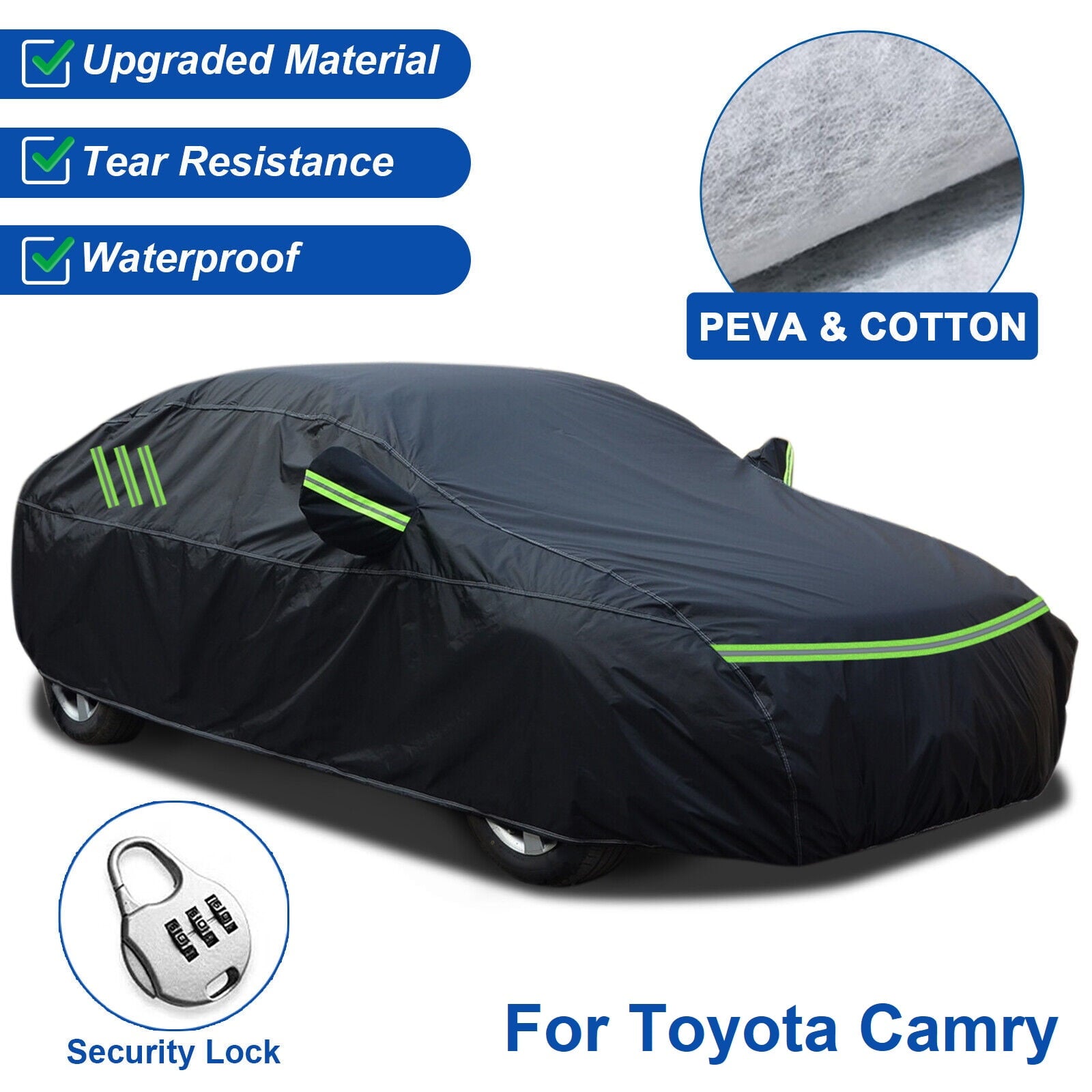 For Toyota Camry Car Cover, Thickened PEVA+Cotton Waterproof Sedan Full Cover with Lock Outdoor Indoor Snow Rain Sun Dust Protection All Weather Black