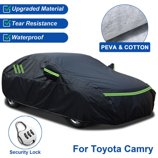 For Toyota Camry Car Cover, Thickened PEVA+Cotton Waterproof Sedan Full Cover with Lock Outdoor Indoor Snow Rain Sun Dust Protection All Weather Black