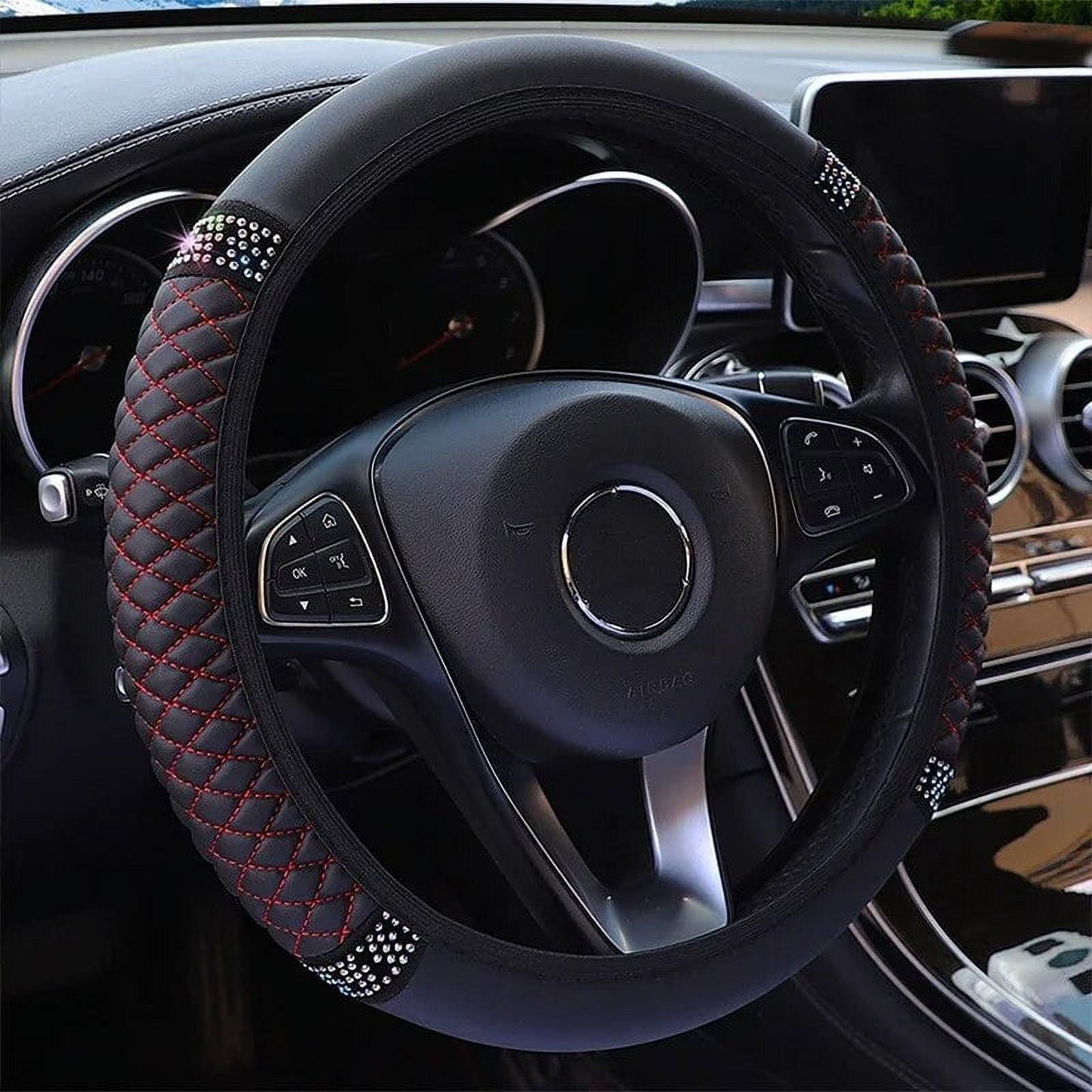 Universal Car Steering Wheel Cover 37-38cm Leather Embroidered Color Diamond-Studded Elastic Four Seasons Steering Wheel Cover Black-Red