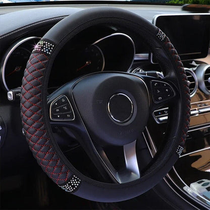 Universal Car Steering Wheel Cover 37-38cm Leather Embroidered Color Diamond-Studded Elastic Four Seasons Steering Wheel Cover Black-Red