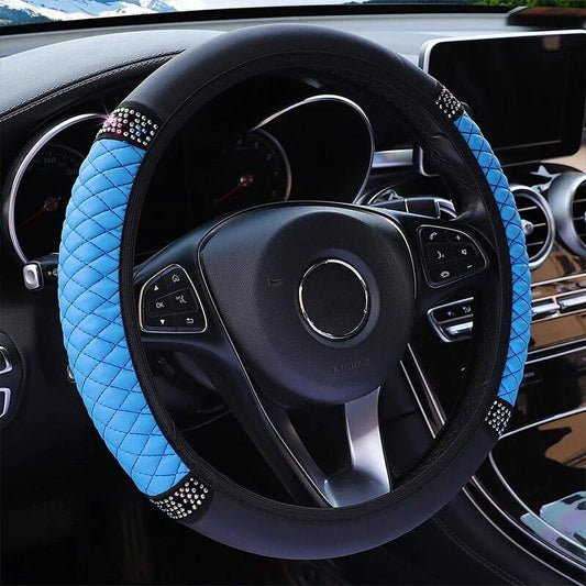 Universal Car Steering Wheel Cover 37-38cm Leather Embroidered Color Diamond-Studded Elastic Four Seasons Steering Wheel Cover Blue