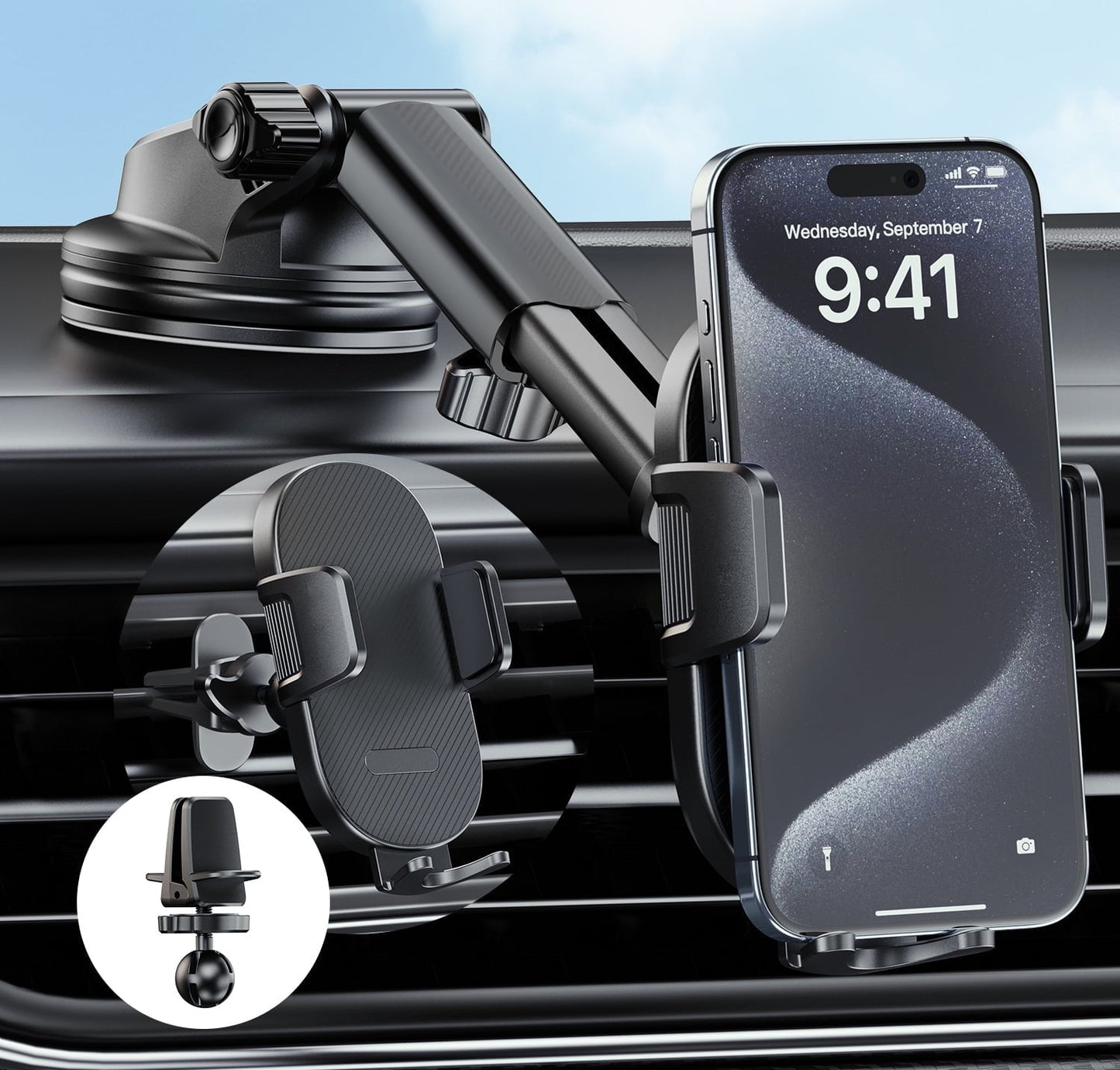 YOOVEE Universal Dashboard & Windshield Car Phone Holder - 360° Rotatable Mount, 3-in-1 Vent/Dash/Windshield Clip for 4-7" Phones, iPhone, Samsung, Google Pixel, Moto