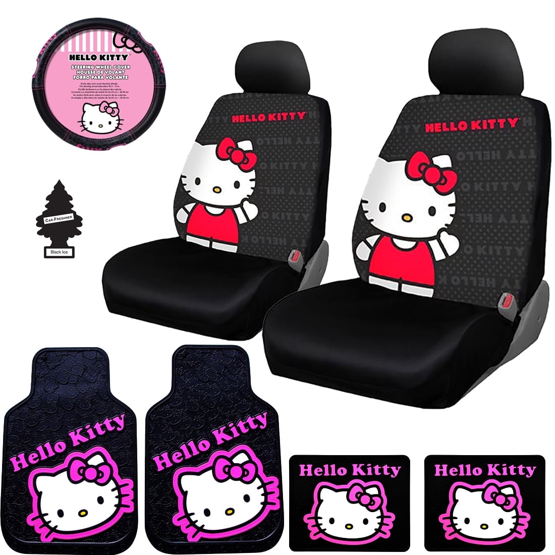 Yupbizauto Hello Kitty Car Accessories Seat Cover with 4 Rubber Mats, Steering Wheel Cover and Air Freshener Bundle Set