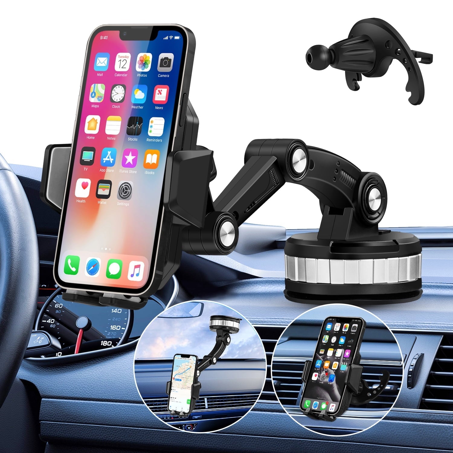 Zacro 3 in 1 Car Phone Holder Mount, Dashboard / Windshield / Air Vent Phone Holder, 360° Rotatable Suction Cup Cell Phone Holder for iPhone Smartphones