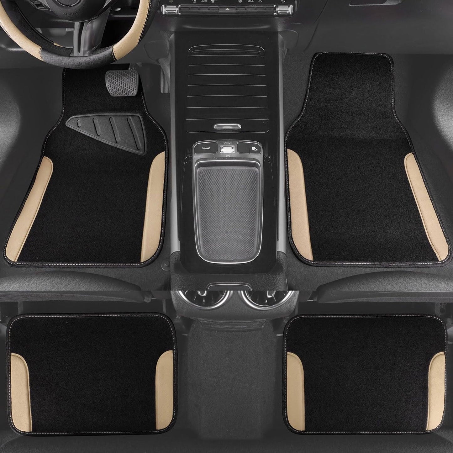 CAR GRAND Faux Leather Car Steering Wheel Cover Combo Pack Car Floor Mats, Universal Fit Waterproof Anti-slip Carpet 14.5-15 Inches Beige & Black