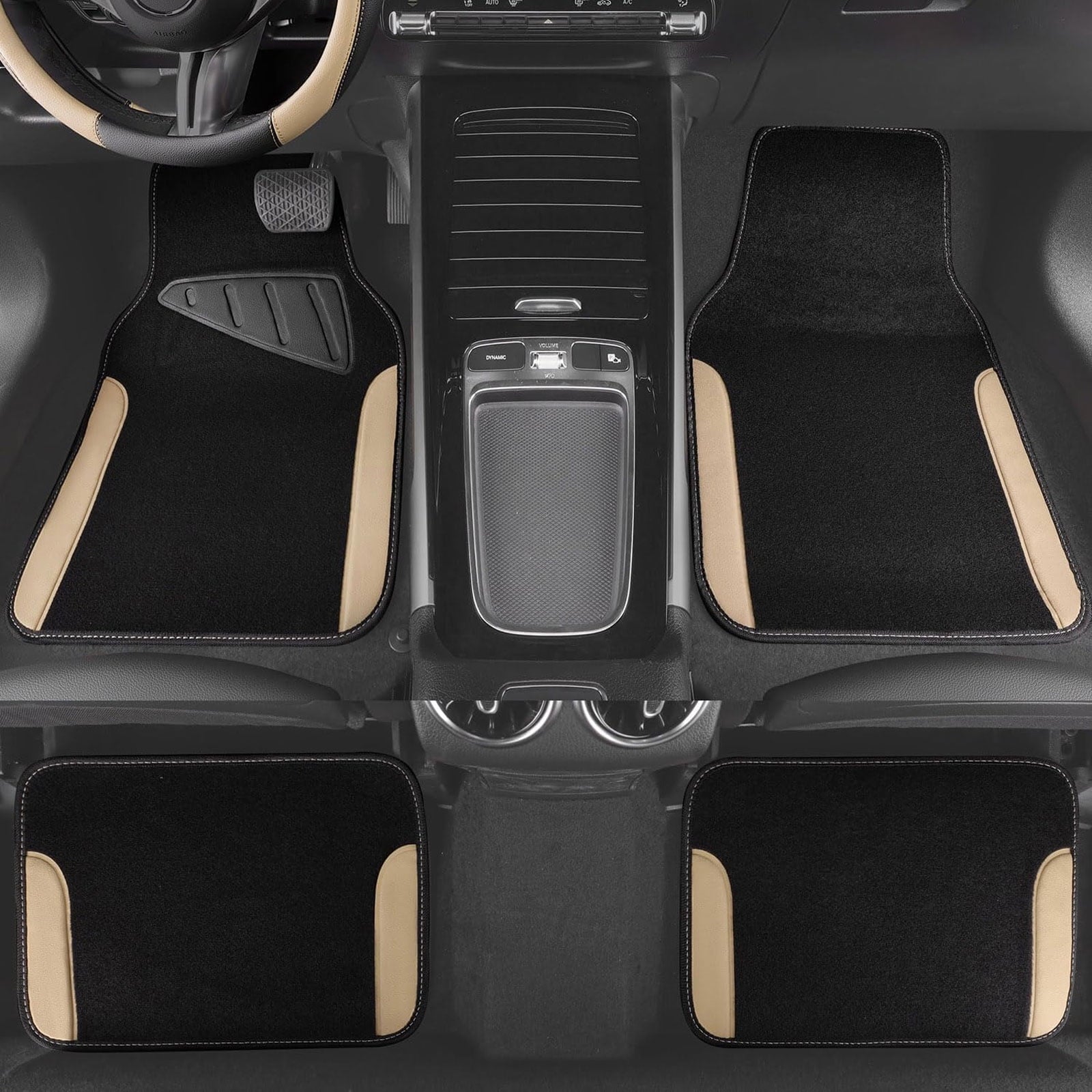 CAR GRAND Faux Leather Car Steering Wheel Cover Combo Pack Car Floor Mats, Universal Fit Waterproof Anti-slip Carpet 14.5-15 Inches Beige & Black