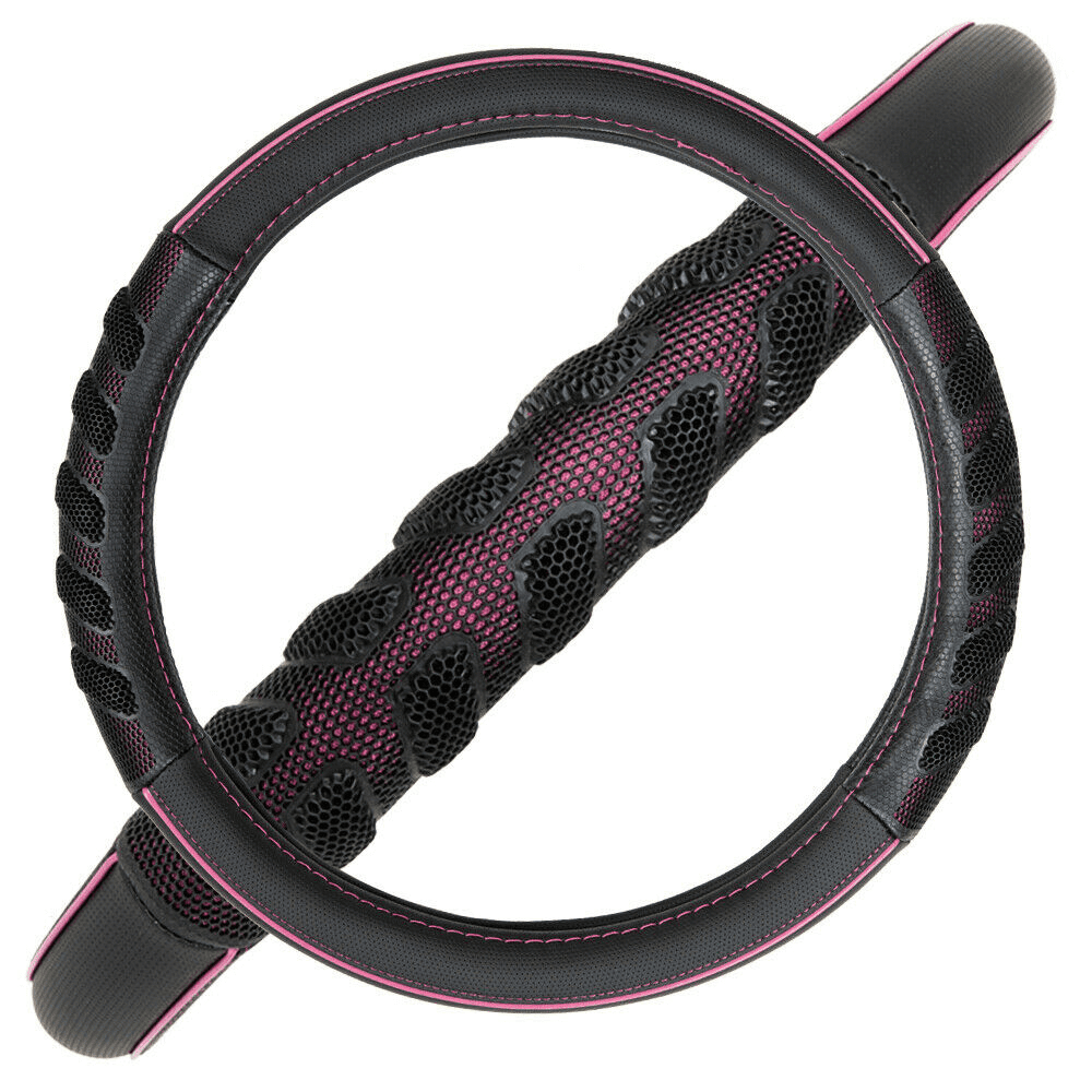 Flying Banner car Steering Wheel Cover Faux Leather Massage Universal fit 3D Honeycomb Hole Anti-Slip Sporty 15 inches (Pink Black)