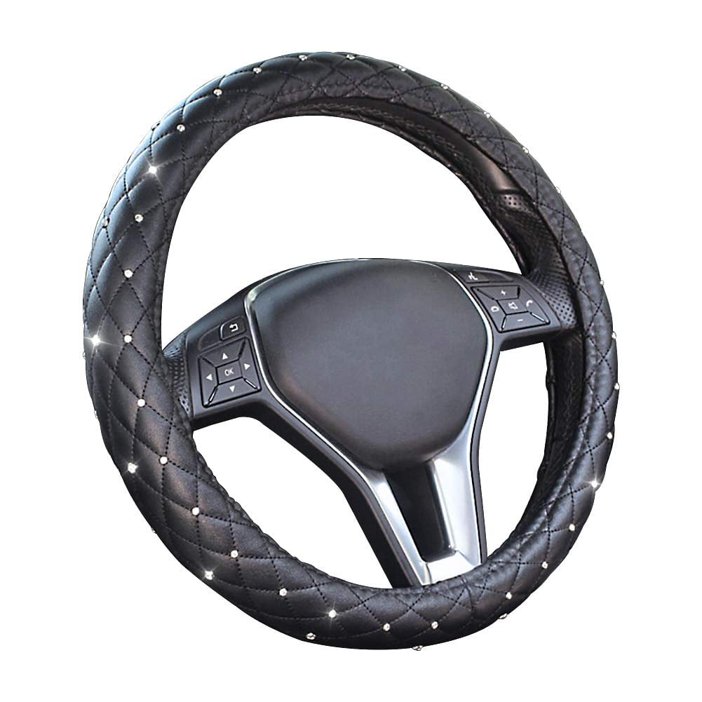 EING Steering Wheel Cover Leather Crystal Bling Anti-Slip Auto Car Steering Wheel Case Universal for 15 inch,Black