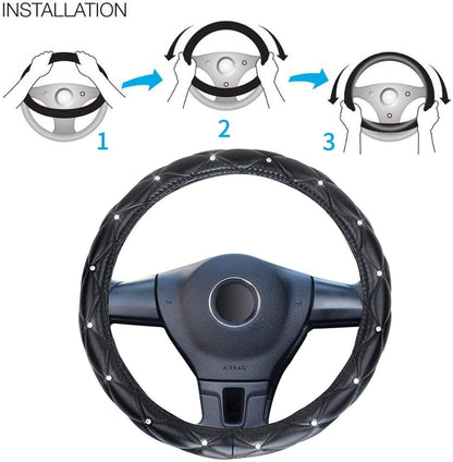 eing Pu Leather Steering Wheel Cover,Bling Crystal Steering Wheel Cover Universal Fit 15" Car Wheel Protector ,Black