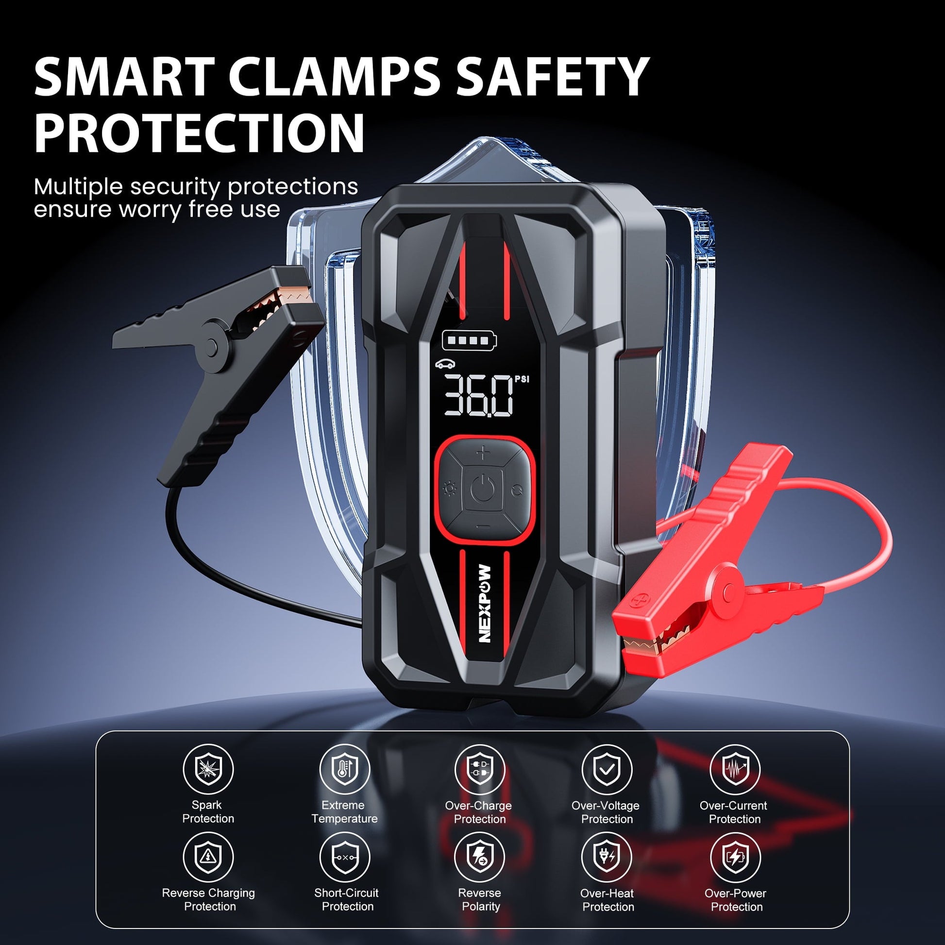 NEXPOW 3000A Car Jump Starter & Air Compressor - 12V 59.2Wh Portable Battery Booster with PD 30W Fast Charge, 150PSI Air Pump, Smart Clamps for Cars/SUVs/Trucks (Emergency Multi-Function Power Pack)