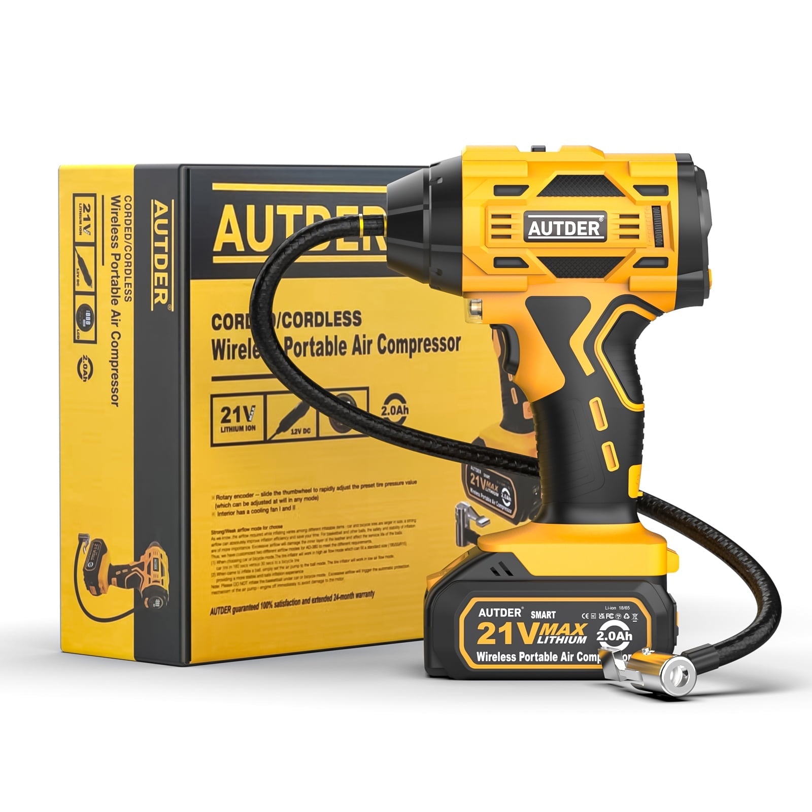 AUTDER 21V Portable Tire Inflator 180PSI Digital Air Compressor with Gauge, 12V Adapter, Yellow