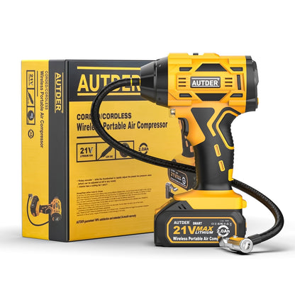 AUTDER 21V Portable Tire Inflator 180PSI Digital Air Compressor with Gauge, 12V Adapter, Yellow