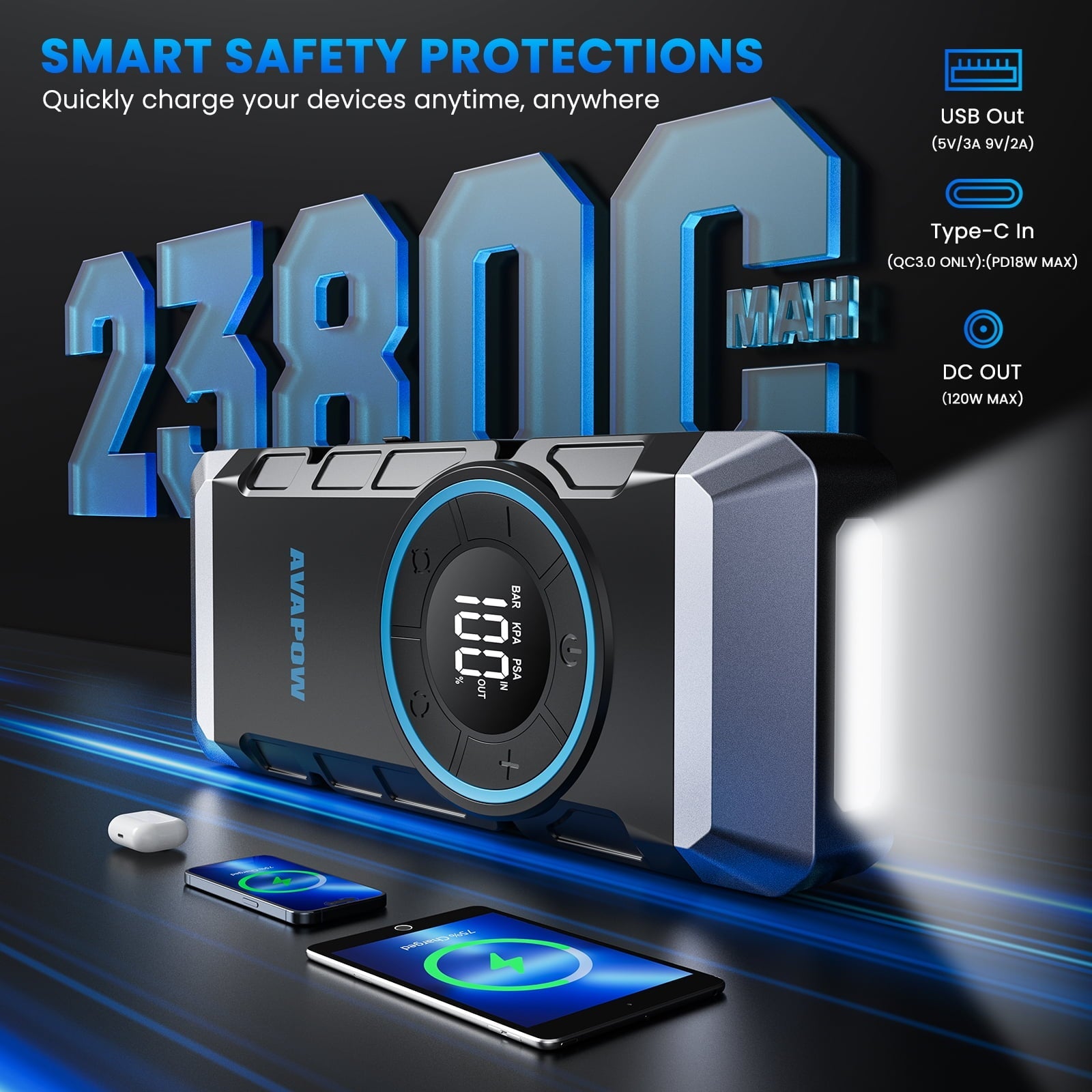 AVAPOW 3000A Jump Starter with Air Compressor, 12V Portable Battery Booster Pack (for All Gas or up to 8.0L Diesel) with 150PSI Digital Tire Inflator