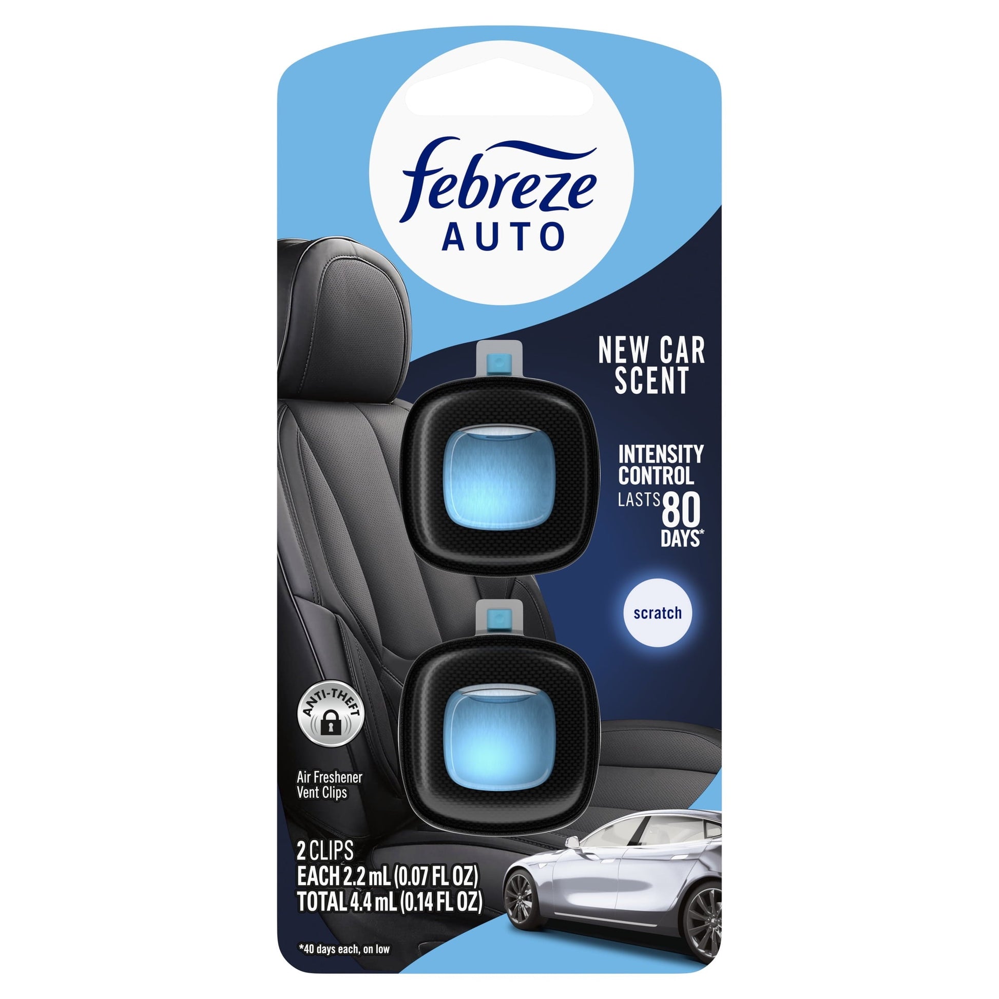 Febreze AUTO Car Air Freshener, Odor-Fighting Car Vent Clip, New Car, 2 Count