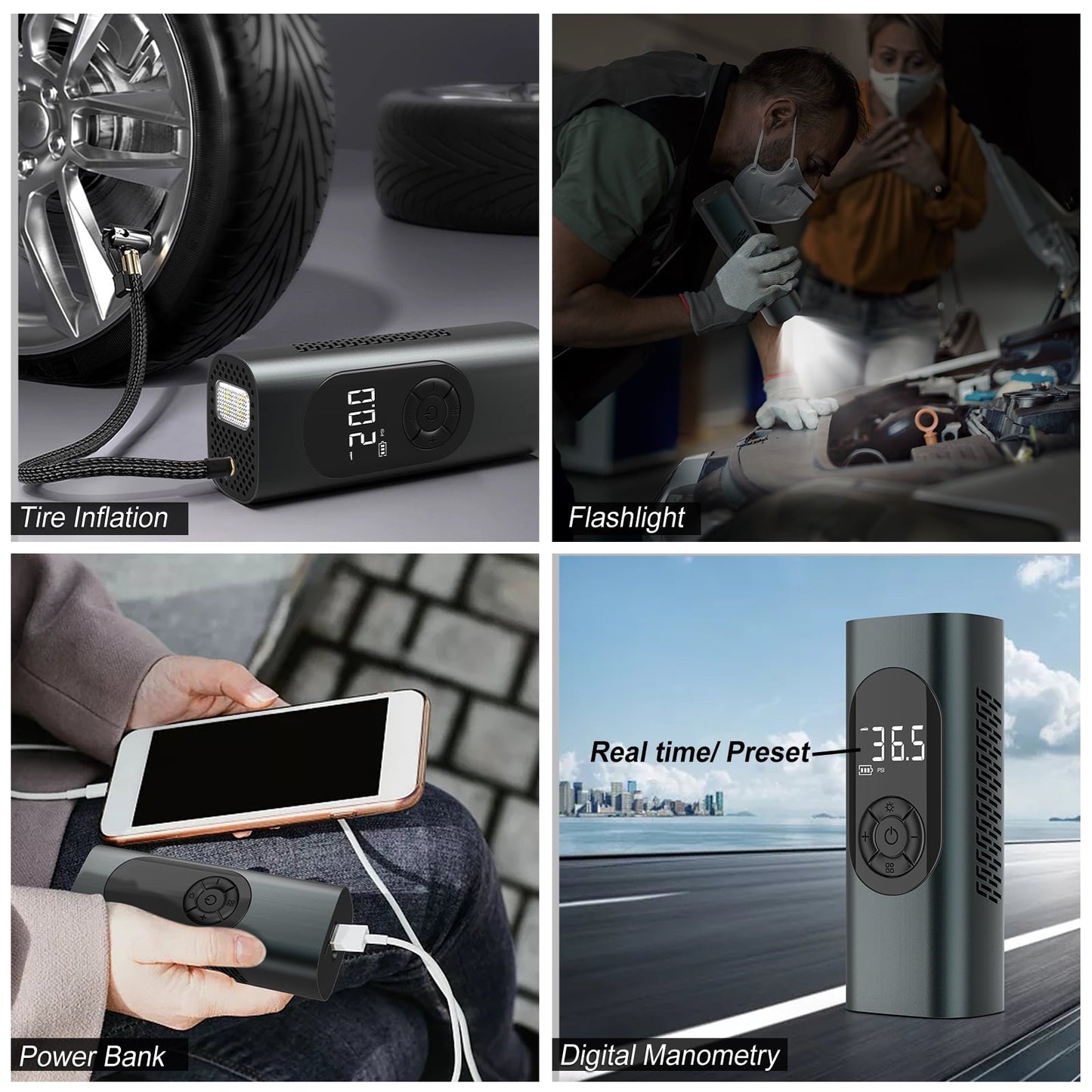 Nonstop Tire Inflator Portable Air Compressor 150 PSI Air Pump for Car, Bike, Motorcycle Tires and Balls. 4 Modes & Digital Display - 6000 mAh Battery, 12V