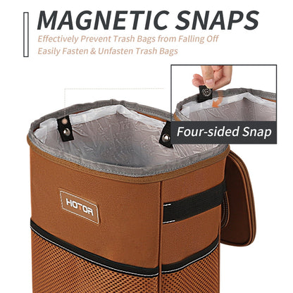 HOTOR Car Trash Can with Lid, Leak-Proof Car Garbage Can with Mesh Pockets, Car Accessories, 2 Gallons, Brown