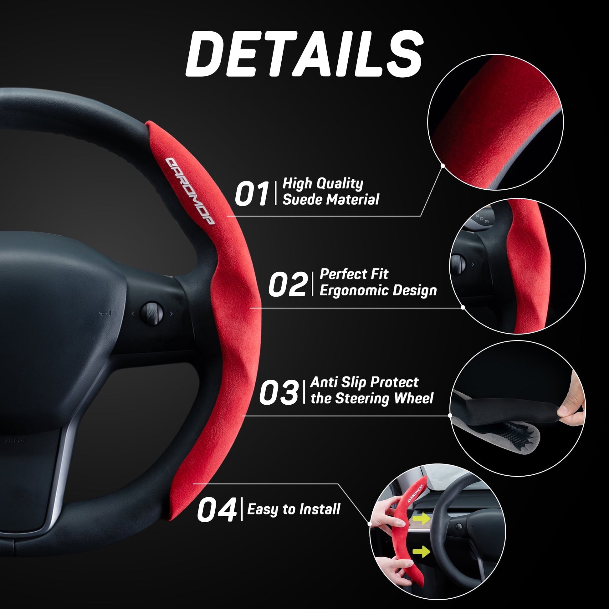 Caromop Suede Steering Wheel Cover, 14.5-15 in, Non-Slip, 2 pack, Red