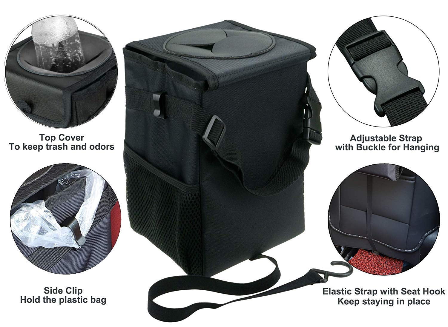 Walbest Car Can with Lid - Car Bag Hanging with Storage Pockets Collapsible and Portable Car Garbage Bin