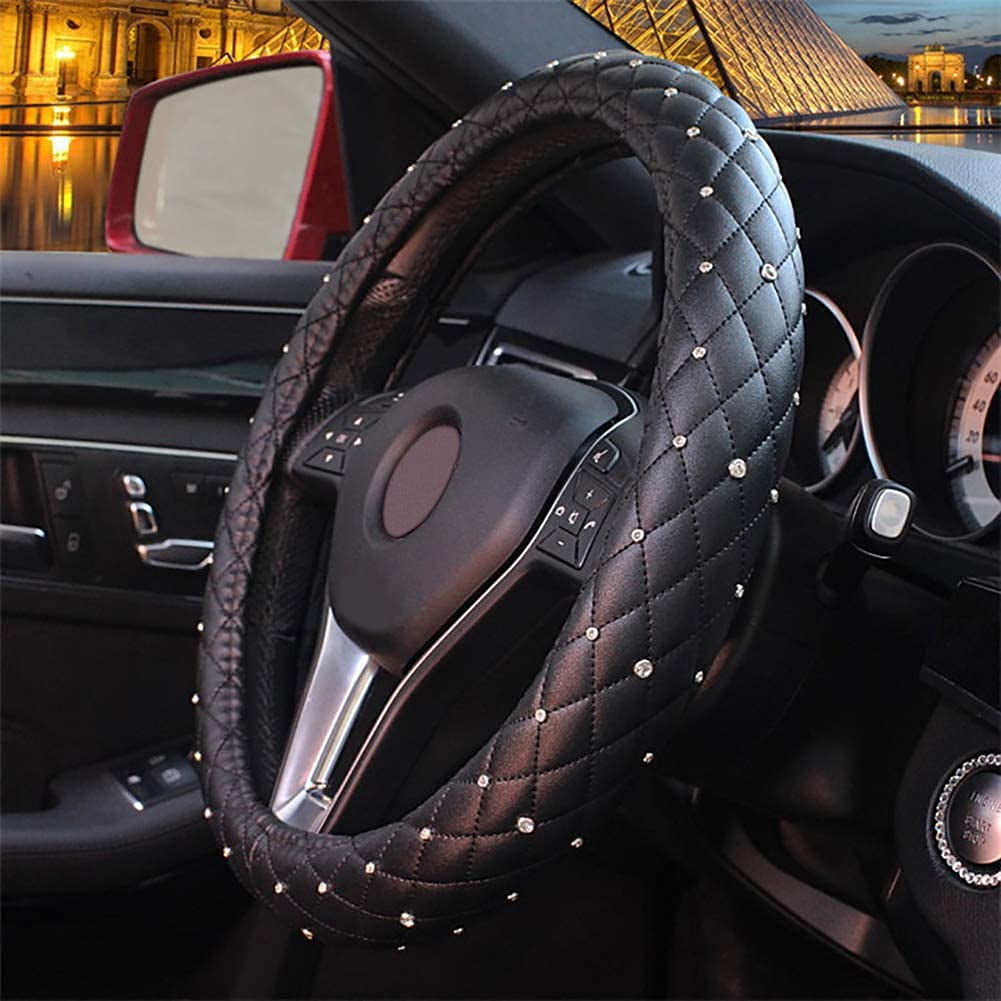 EING Steering Wheel Cover Leather Crystal Bling Anti-Slip Auto Car Steering Wheel Case Universal for 15 inch,Black