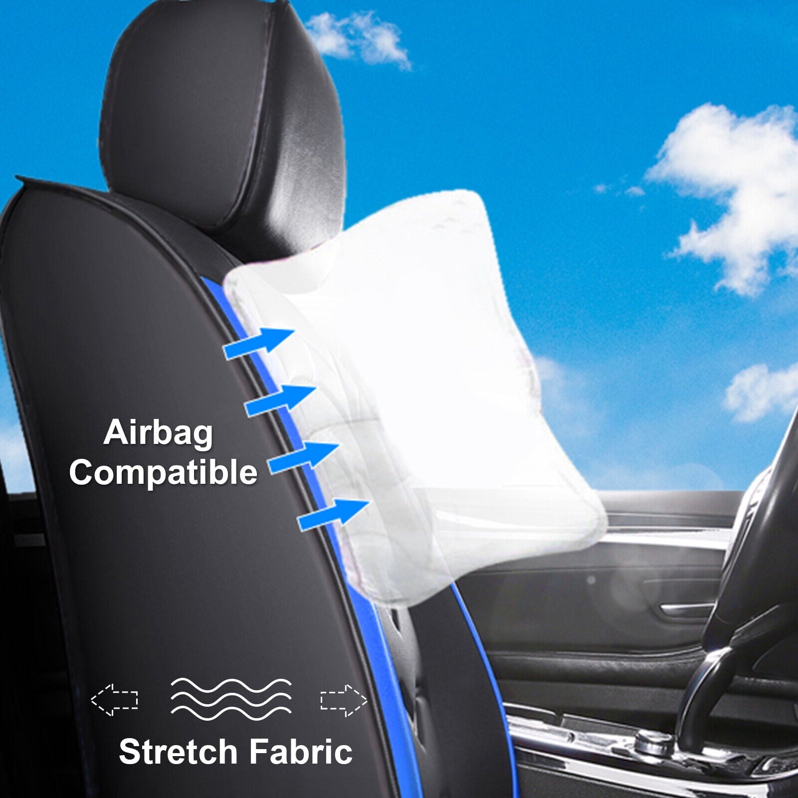 FANOTEK Black/Blue, PU Leather, Waterproof, Cushioned, Front Rear Seat Covers, 5 Pieces