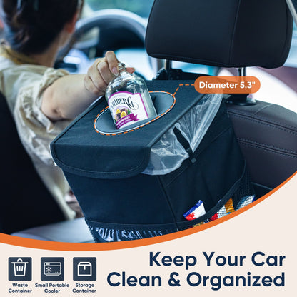 Deli Car Trash Can with Lid, 3 Gallon/11.5L Leak-Proof Trash Bin Car Garbage Can with Mesh Pockets,Waterproof Collapsible Car Organizer Hanging for Back/Front Seat/Console