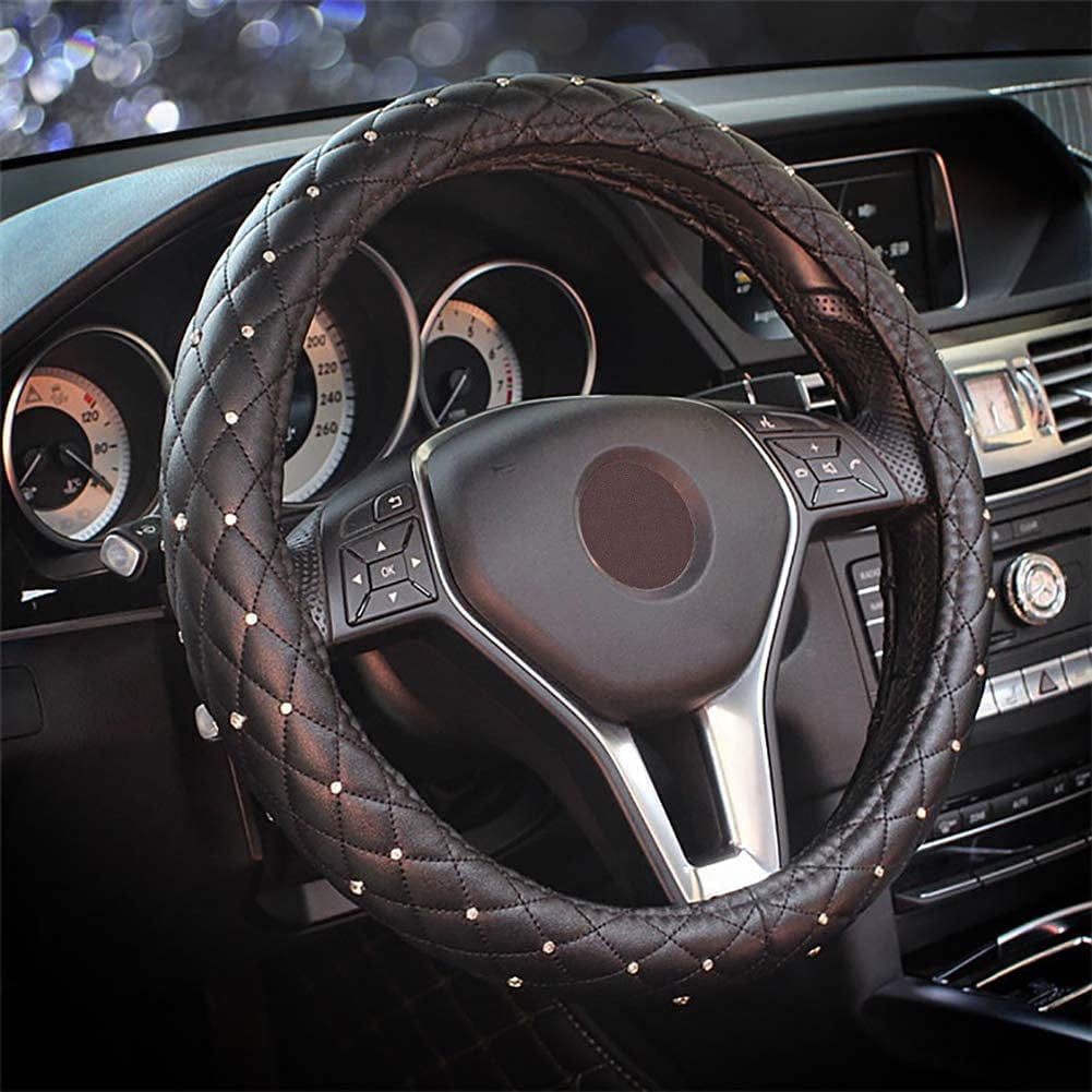 EING Steering Wheel Cover Leather Crystal Bling Anti-Slip Auto Car Steering Wheel Case Universal for 15 inch,Black