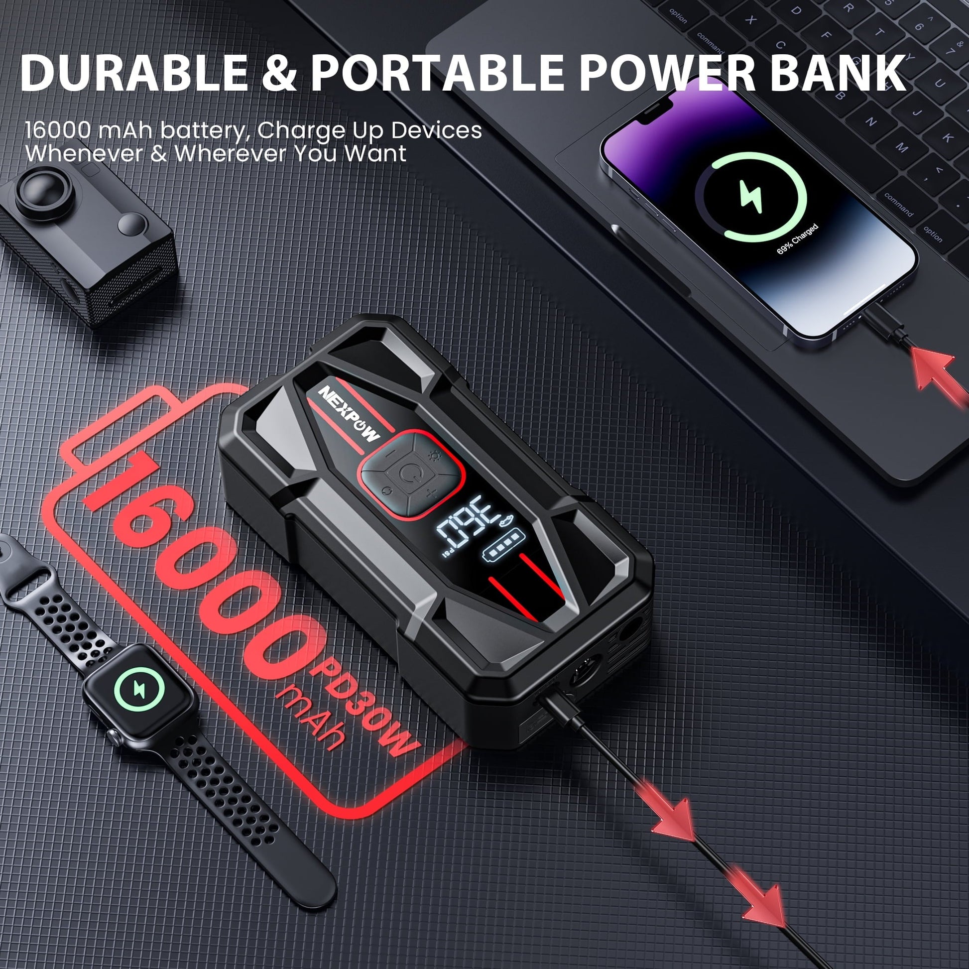 NEXPOW 3000A Car Jump Starter & Air Compressor - 12V 59.2Wh Portable Battery Booster with PD 30W Fast Charge, 150PSI Air Pump, Smart Clamps for Cars/SUVs/Trucks (Emergency Multi-Function Power Pack)