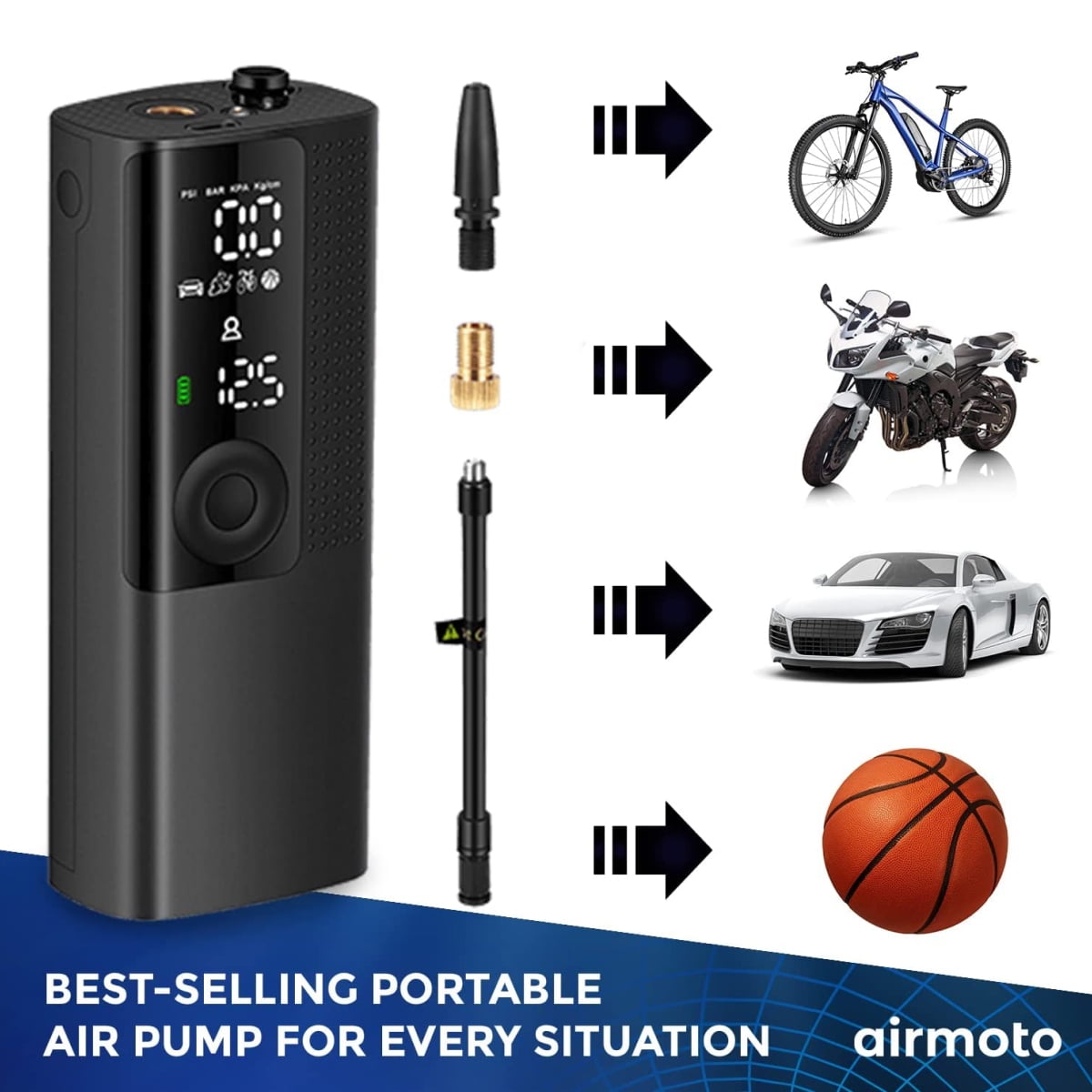 Airmoto Tire Inflator Portable Air Compressor - Air Pump for Car Tires with Tire Pressure Gauge