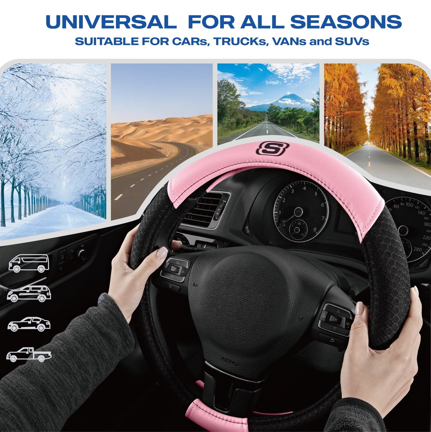 Skechers Air Cooled Memory Foam Steering Wheel Cover, Breathable Comfort Grip, Soft Leather, All-Season Fit for Cars, SUVs, and Trucks Pink