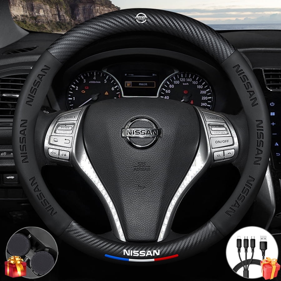 Premium Custom Fit Steering Wheel Cover for Nissan - Genuine NAPA Leather & Carbon Fiber Design | Anti-Slip Grip | Includes Bonus Cup Mat & 3-in-1 Charging Cable (Black)