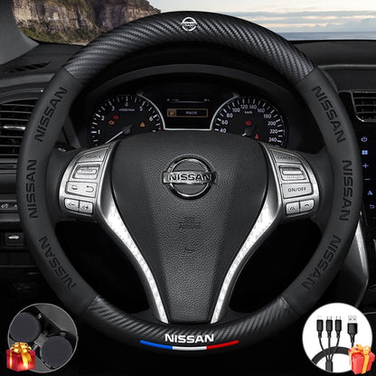 Premium Custom Fit Steering Wheel Cover for Nissan - Genuine NAPA Leather & Carbon Fiber Design | Anti-Slip Grip | Includes Bonus Cup Mat & 3-in-1 Charging Cable (Black)