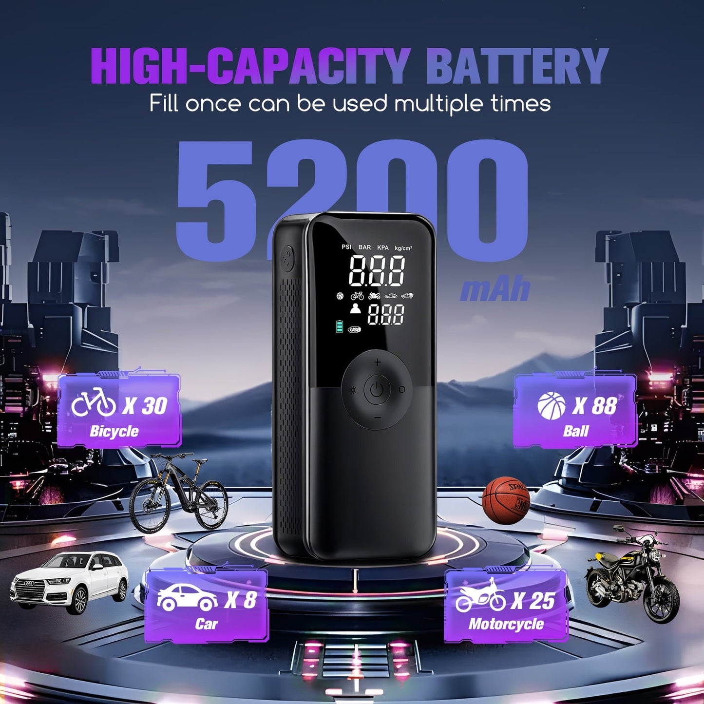 PHANCIR Cordless Tire Inflator Portable Air Compressor, 150 PSI Digital Display Multi-Function Air Pump with Automatic Shutoff & 3 Modes LED Light for Car, Motorcycles, Bicycles, Balls