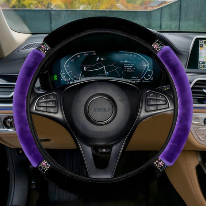 Fluffy Steering Wheel Cover, Universal 15 Inch Colorful Rhinestones Car Steering Wheel Cover, Sparkly Crystal Diamond Steering Wheel Protector for Women Girls,Purple
