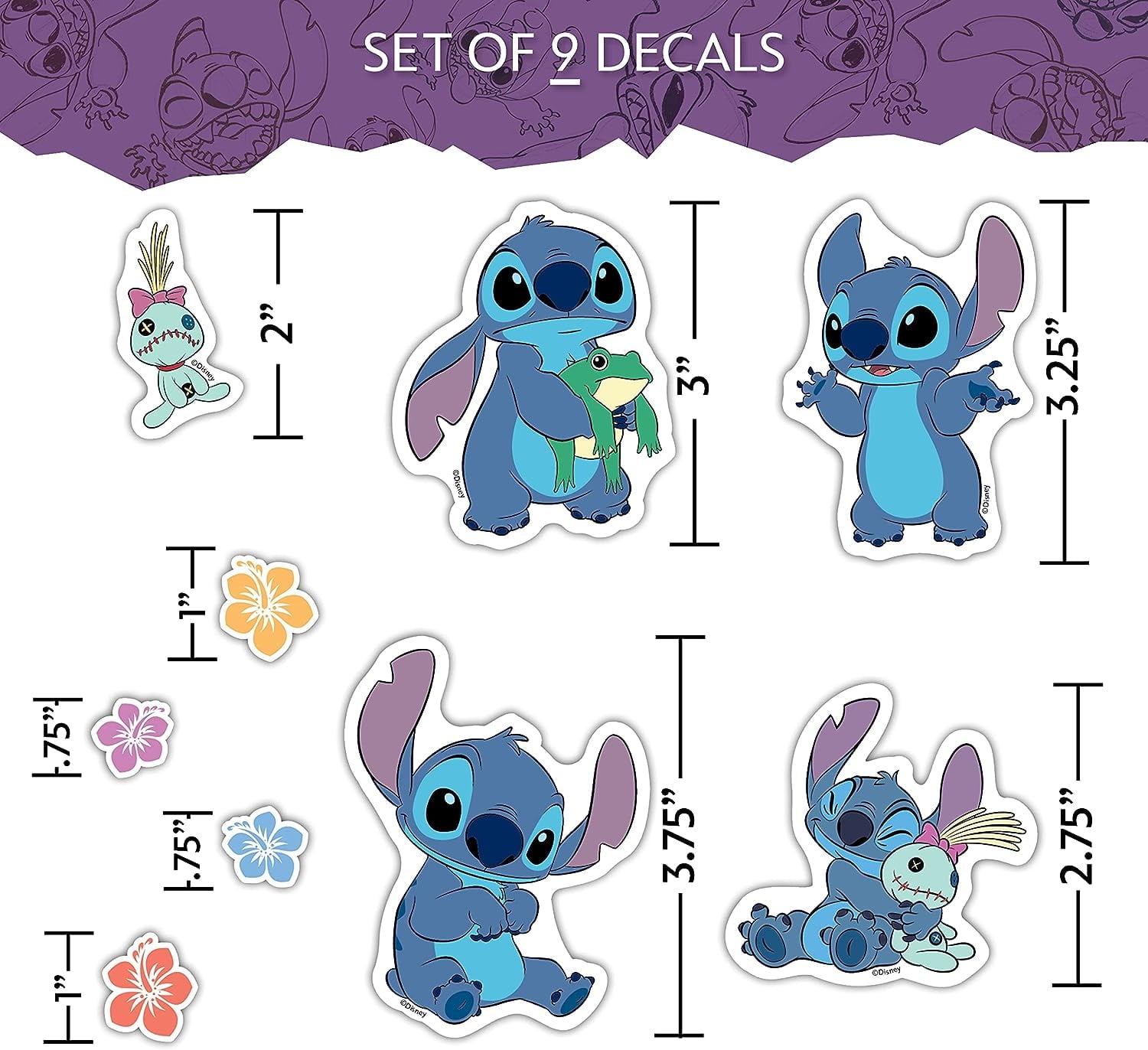 Disney Lilo and Stitch Decals - Set of 9 Lilo and Stitch Stickers for Kids and Adults - Vinyl Decals for Laptop, Tumbler, Water Bottle, Vehicles - Licensed Disney Stickers