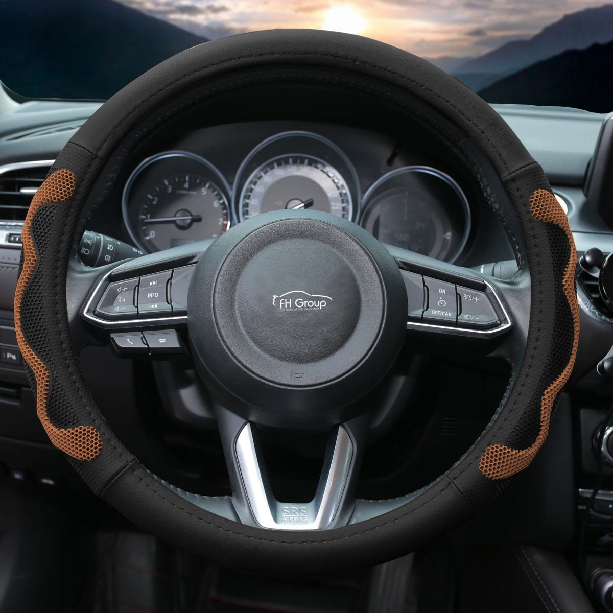 FH Group 1.6 lb. Leather Brown Steering Wheel Cover with Silicone Anti Slip Grip and Air Freshener