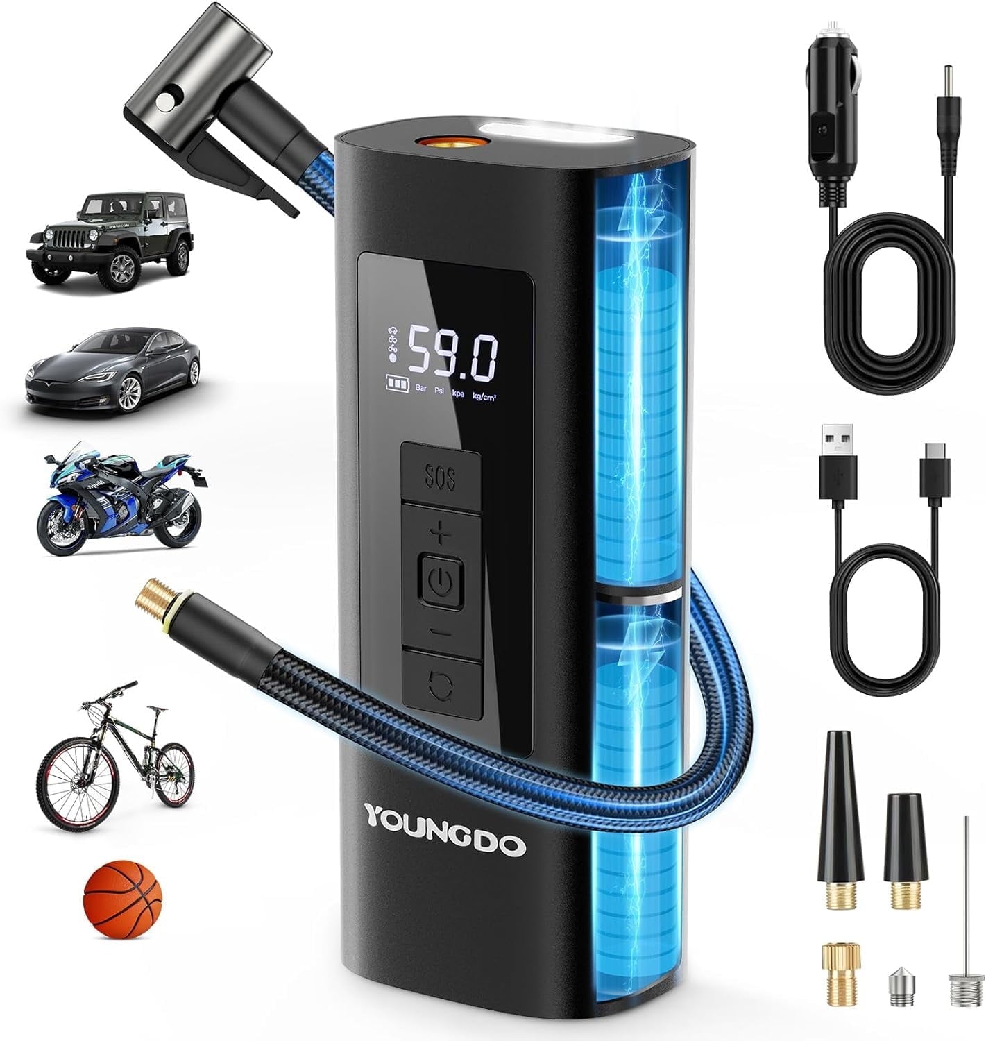 YOUNDO Tire Inflator Portable, Air Compressor Rechargeable 6000mAh Tire Pump for Car Moto Bike Balls