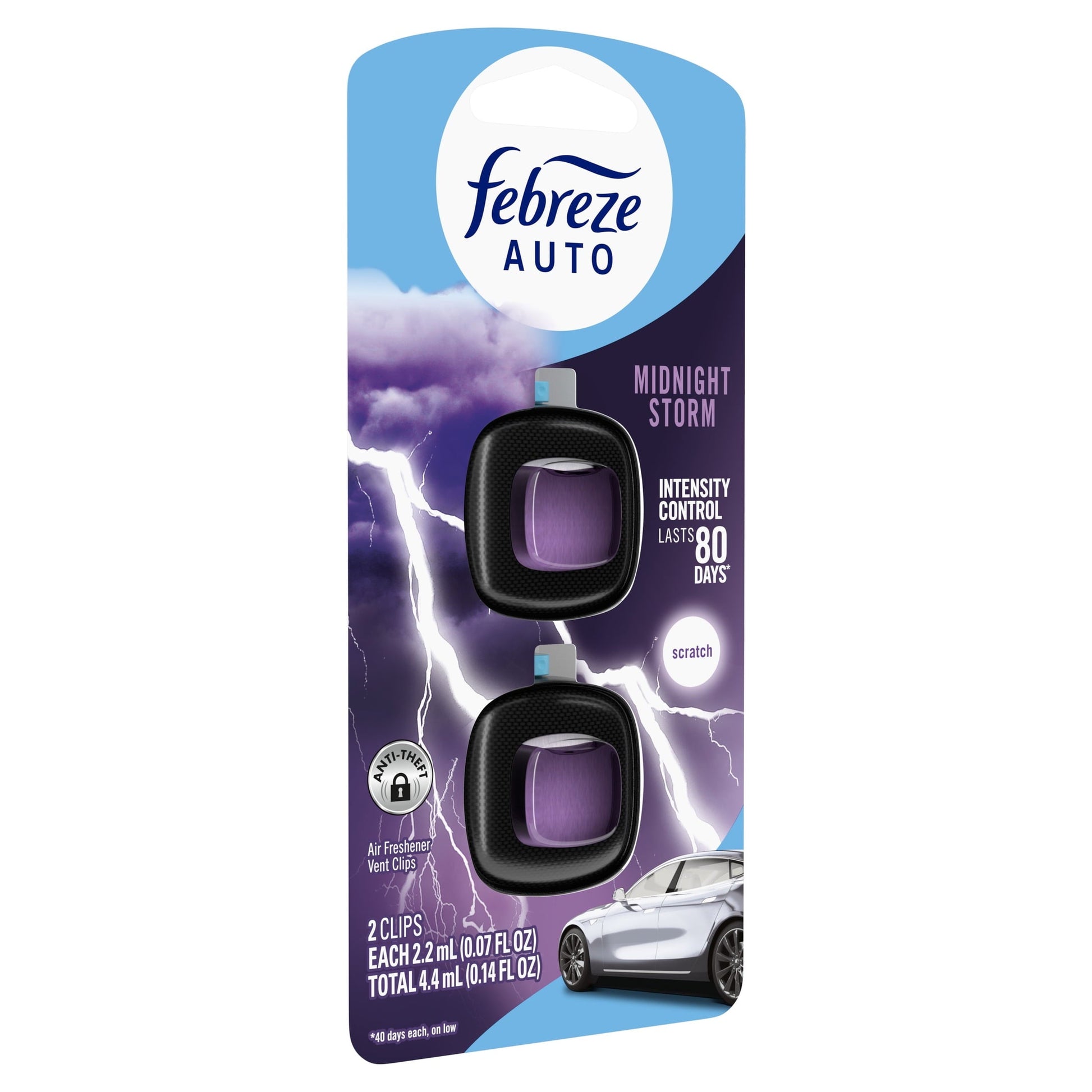 Febreze AUTO Car Air Freshener, Odor-Fighting Car Vent Clip, Midnight Storm, 2 Count