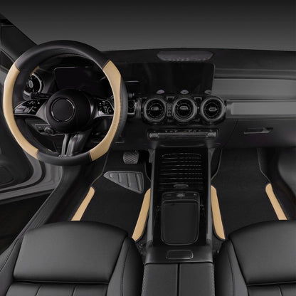 CAR GRAND Faux Leather Car Steering Wheel Cover Combo Pack Car Floor Mats, Universal Fit Waterproof Anti-slip Carpet 14.5-15 Inches Beige & Black