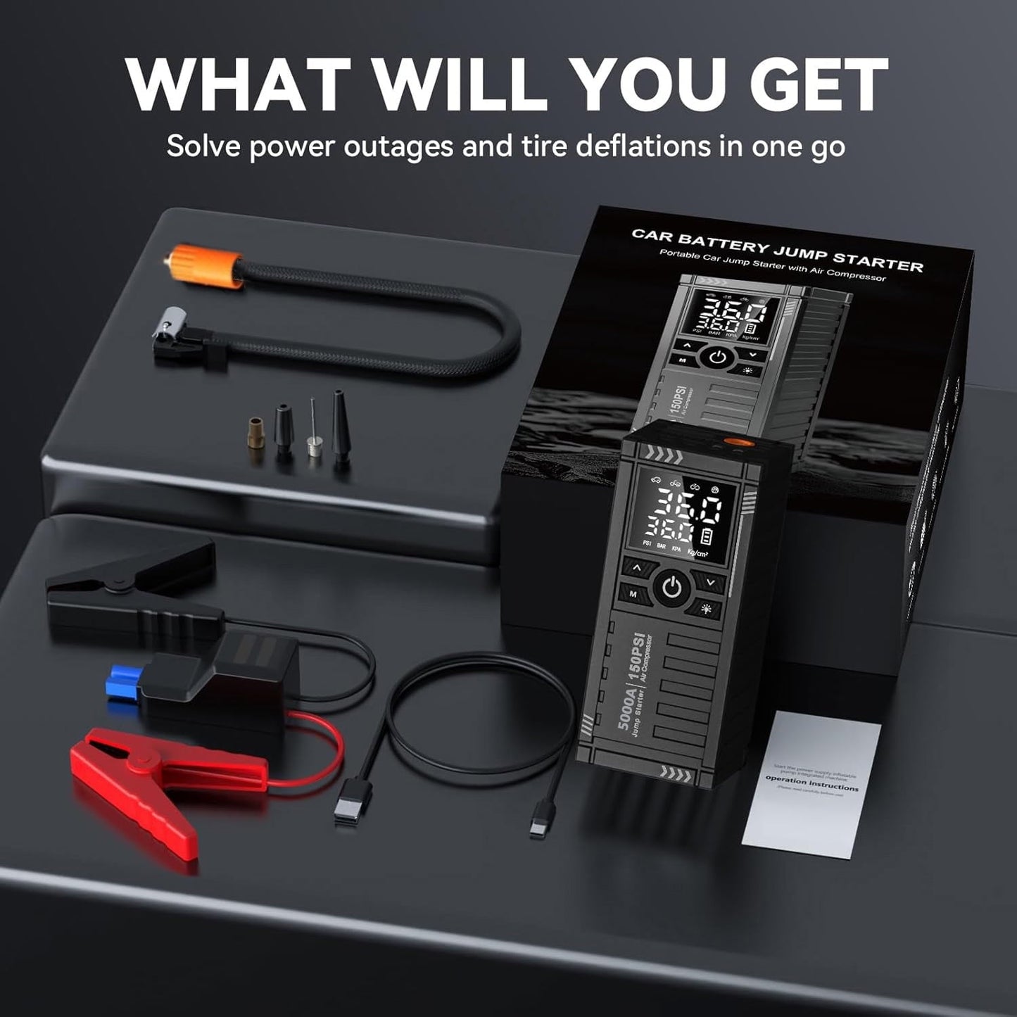 TRAKAR Car Battery Charger Jump Starter with Air Compressor, 5000A 150PSI (9.0 Gas/8.0L Diesel), 14.8V Jump Box Car Battery Jumper Starter Portable with Jumper Cables, LCD Display, Lights