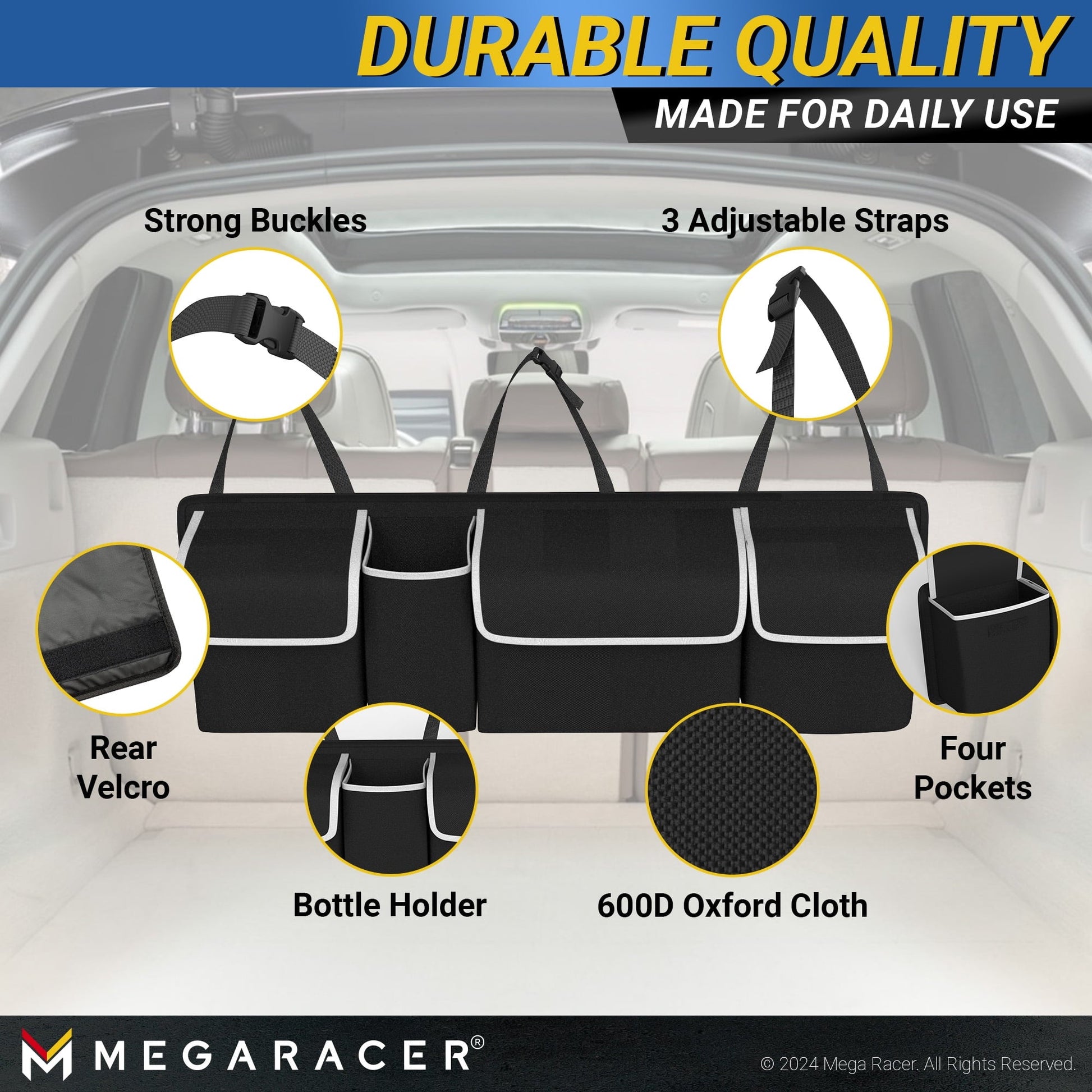 Mega Racer Black Backseat Trunk Organizer for SUV, Hatchbacks, Trucks, Minivans, Wagons - 1 Piece