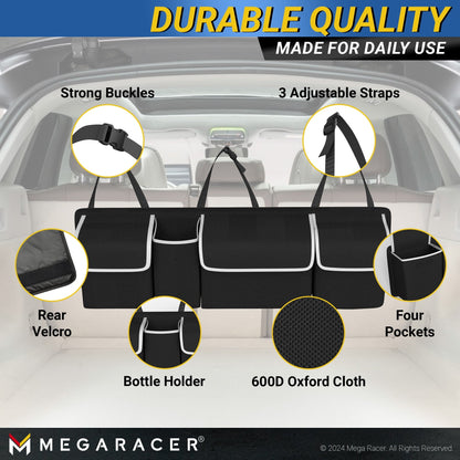 Mega Racer Black Backseat Trunk Organizer for SUV, Hatchbacks, Trucks, Minivans, Wagons - 1 Piece